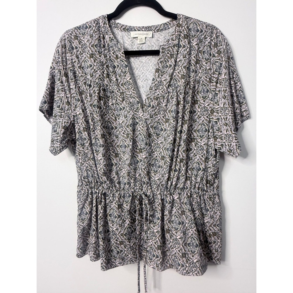 Treasure & Bond Medallion Print Boho Peplum Top Olive Green Medium - Picture 1 of 6